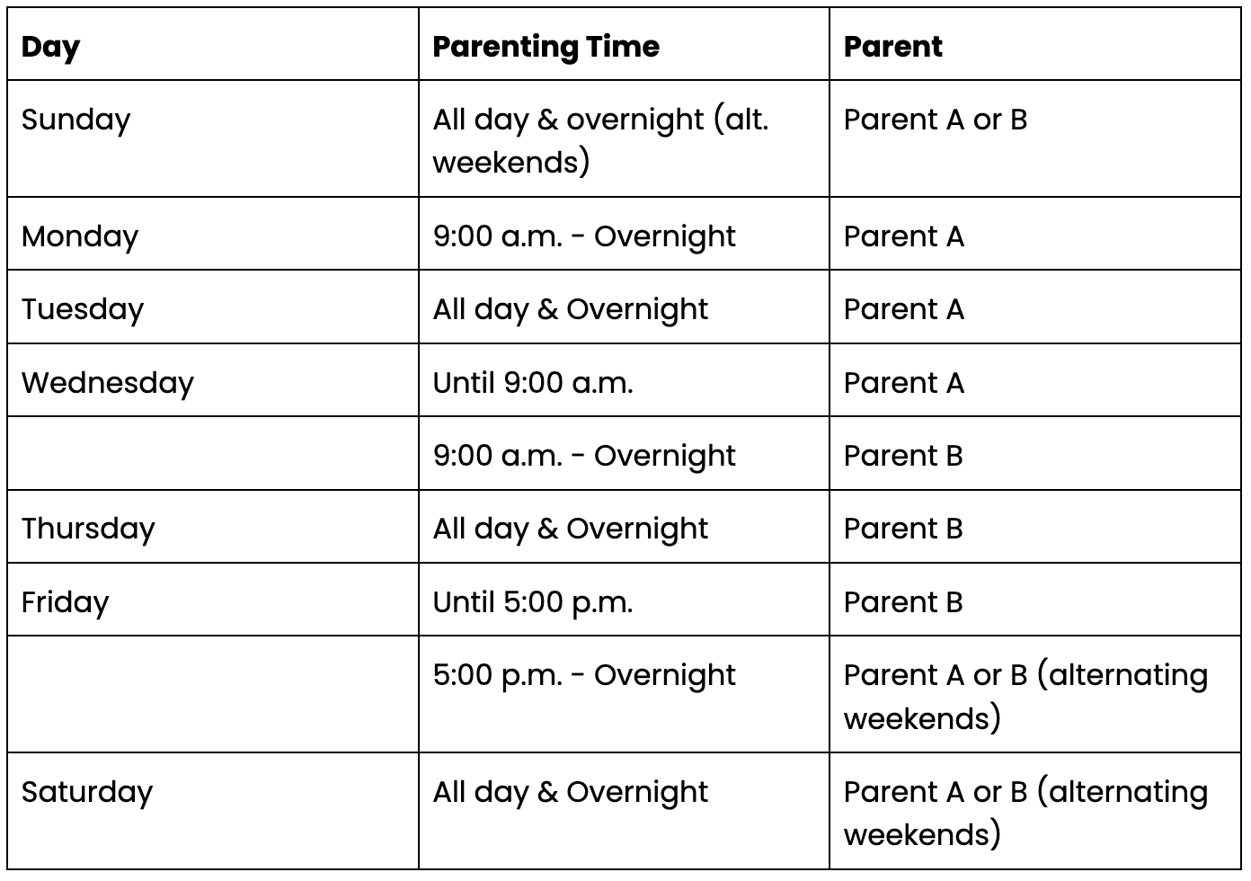 weekly timetable from 50/50 custody schedule resource