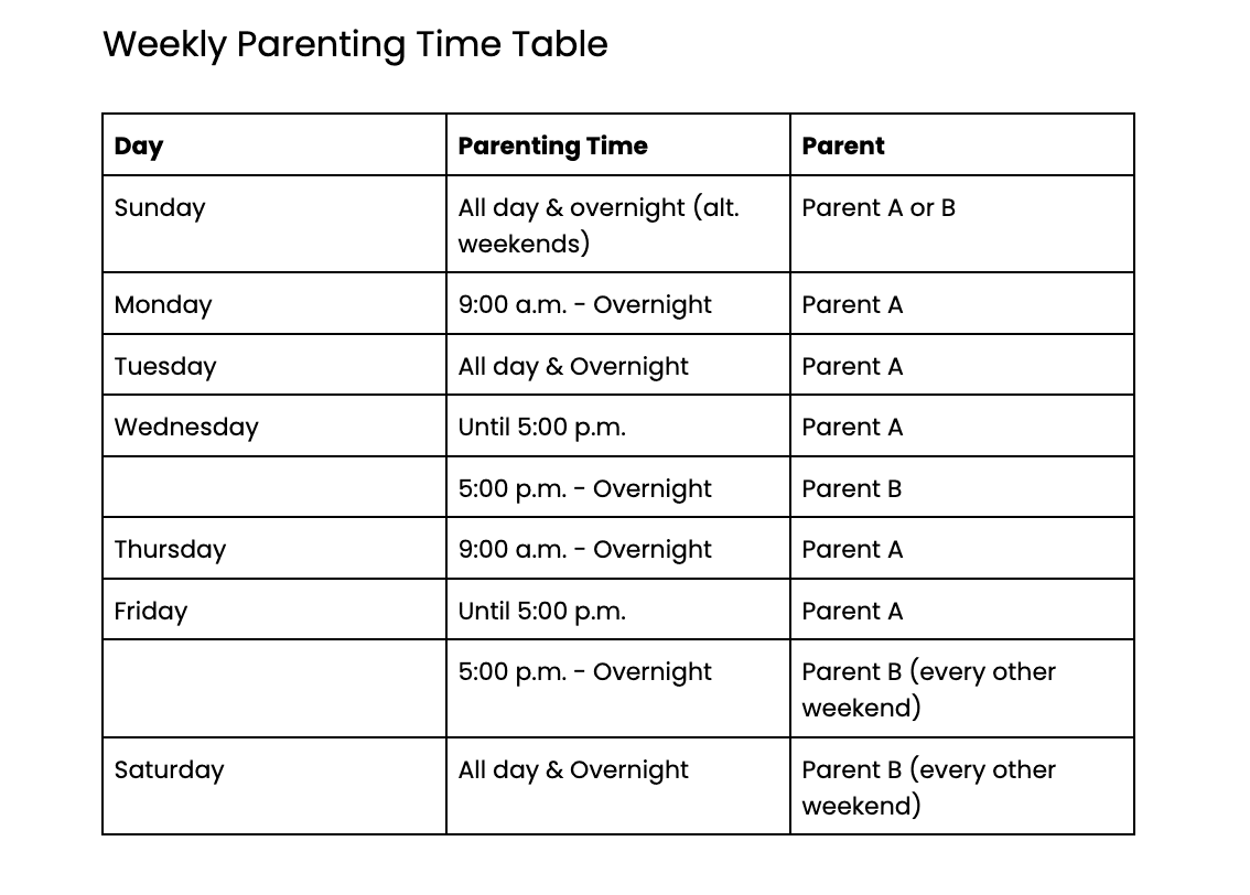 timetable from the 70/30 custody schedule template